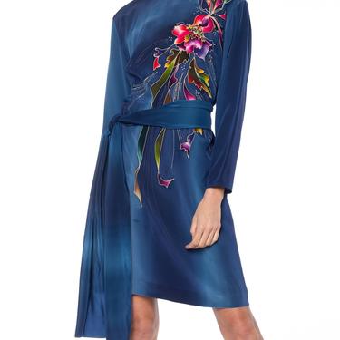 1980S Blue  & Pink Silk Crepe De Chine Hand Painted Tunic Dress 