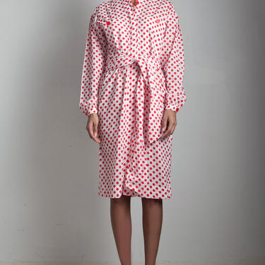 vintage 70s polka dot shirt dress belted cotton red white long sleeves MEDIUM M 