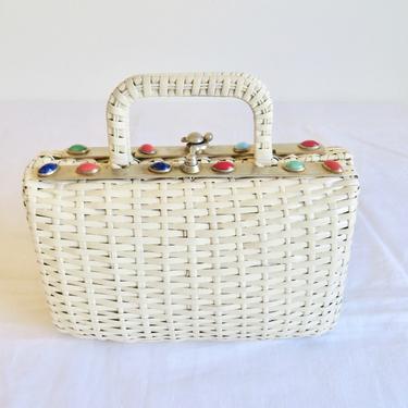 Vintage 1960's Koret White Woven Wicker Basket Purse Gold Frame with Multicolor Glass Stones Top Handle Rockabilly 60's Handbag Accessories 