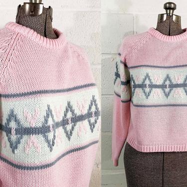 Vintage Pink Knit Sweater Argyle Crewneck One Step Up Slouchy Pullover Jumper Long Sleeved Oversized Pastel Powder Gray White Small Medium 