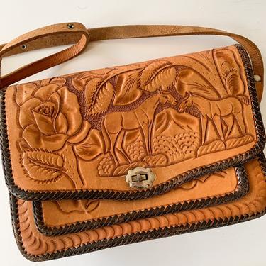 Vintage 1970s Rose & Horse Tooled Leather Bag 