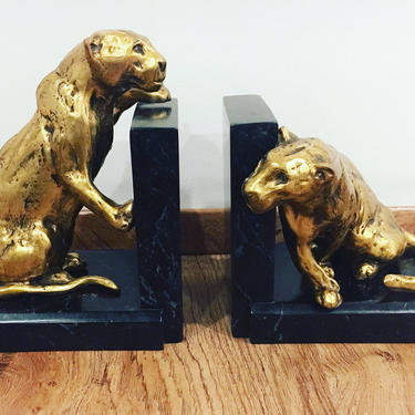 Exquisite - 1929 Art Deco Jaguar Book Ends solid brass with Marble Base 