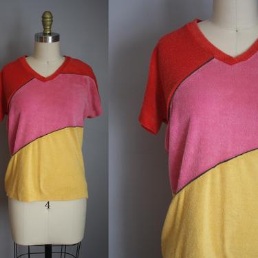 1970s Terry Cloth Shirt // Vibrant Colors // Medium 