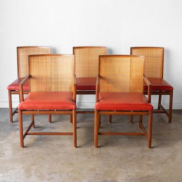 Rare Set of 5 Michael Taylor for Baker &quot;Floating&quot; Cane Dining Chairs, circa 1960