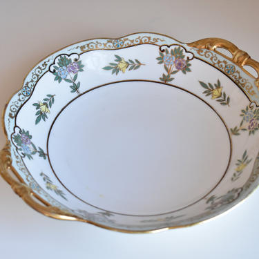 Antique (1910s) Morimura | Noritake | Nippon hand-painted, lugged cake or cookie serving bowl | Yellow Blue Purple Flowers | Cut-out handles 