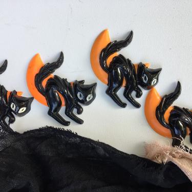 Vintage Halloween Black Cat Cake Toppers, Set Of 4 Hard Plastic Black Cat Orange Crescent Moon 