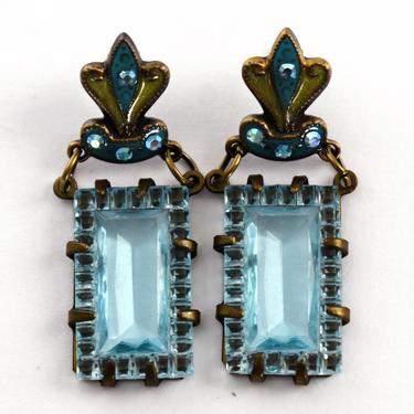 80's Glass Works Studio brass rhinestone enamel glass Anne Koplik GWS Victorian hippie blue rectangle stud dangle earrings 