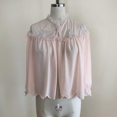Pale Pink Bed Jacket with Light Blue Piping - 1960s 