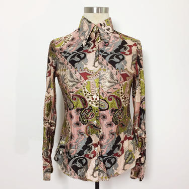Vintage Ladies Button Up / 1970s Polyester Button Up / Paisley Button Up Small / Poly Button Up / Abstract 70s Blouse / 70s Party 