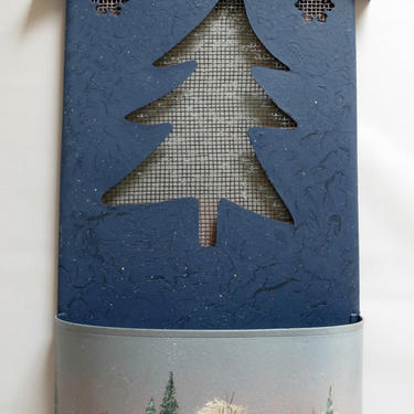 Beautiful Hand Painted Winter Scene on Metal Wall Pocket / Blue and Gray / Styled as House 