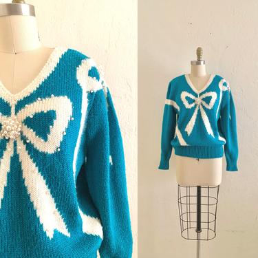 vintage 80's teal bow cotton sweater 