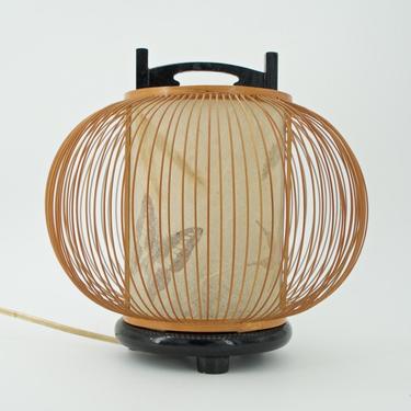 Mid-Century Japanese Bamboo Lantern Table Lamp Floral Paper Shade 50s Retro Asian Black Lacquered Base Original Miyabi Andon Rattan Wicker 