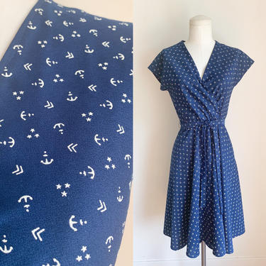 Vintage 1970s Nautical Novelty Print Faux Wrap Dress / S 
