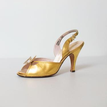 1950s Delman Shoes / 50s Gold Leather Peep Toe Rhinestone Bow Sling Back Heels 