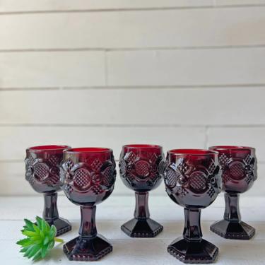 Vintage Small Avon Ruby Red Cape Cod, Set of 5 Wine Glasses, Gothic Goblets // Red Wine Glasses, Champagne, Christmas Cups // Perfect Gift 