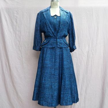 Vintage 1950's Blue Dress and Jacket Set Fit and Flare Full Skirt Swing Rockabilly Eve Carver 31.5&amp;quot; Waist Medium 