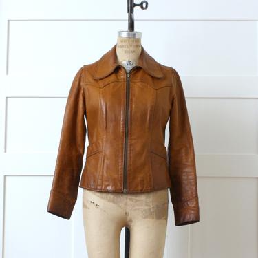 womens vintage 1970s handmade leather jacket • RNR artisan made thick caramel leather boho jacket by Champlain Leathers Vermont • as-is 