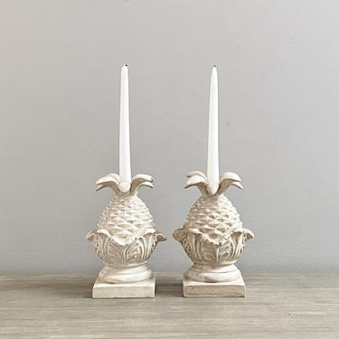 Pineapple Candle Holders White Washed Southern Coastal Mantle Table Decor 