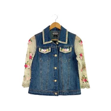 Vintage Embellished Floral Lace Denim Jean Jacket, Size S 