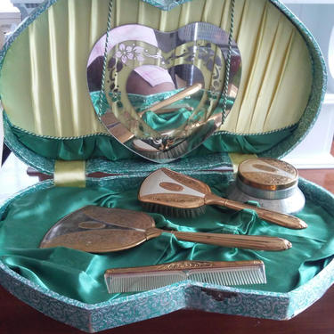 VINTAGE Vanity Set with Mirror and Brush// Fabulous Gold Toned Set// 1940's Vanity Set with Mirror, Brush, Comb, and Large Jar 
