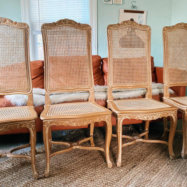 Carved Light Wood French Cane Dining Chairs 