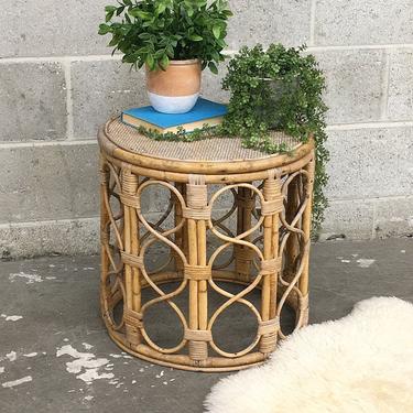Vintage End Table Retro 1980s Bohemian + Rattan and Straw + Beige + Cylinder Shape + Bent Rattan Sides + Boho Furniture + Indoor + Outdoor 