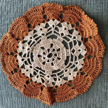 A set of Vintage Two Tone Copper and White Small Handmade Crochet Lace Doilies, Antique Crochet Lace Napkin Home Decorating by LeChalet
