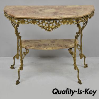 Antique Victorian French Gold Iron Console Hall Table w/ Faux Marble Resin Top