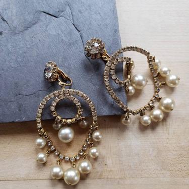 1960 Rhinestone Chandelier Earrings Clips Gold Pearls  /60s Oversized Clip-Ons Sparkle Drop Dangle Party Dressy Glam Lux Evening Red Carpet 