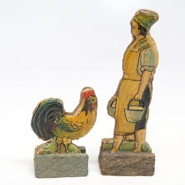 Antique German Woman with Rooster on Wood Stand, Pressed Embossed Cardboard Stand Up Farm Toy for Christmas Putz or Nativity 