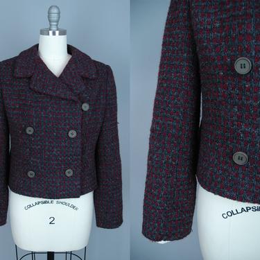 1950s DIOR Jacket | Vintage 50s Couture Grey & Wine Red Check Tweed Cropped Double Breasted Jacket | medium 