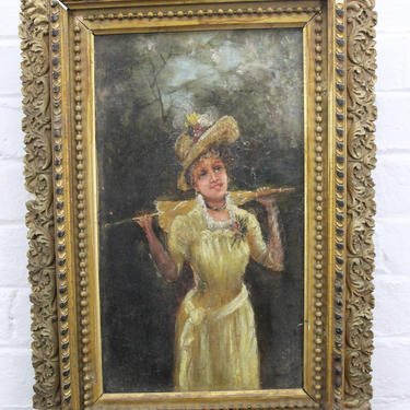 19th Century Oil Painting on Canvas of a Woman in Ornate Wood Frame - 13&amp;quot; x 19&amp;quot; 