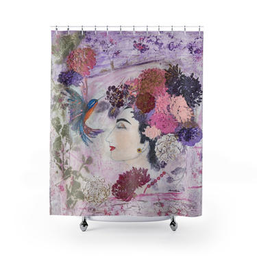Shower Curtain Floral Women's Portrait Bathroom  ~ Hummingbirds Shower Curtains ~ Flower Shower Curtain ~ Bath Shower Curtain~ Original Art 