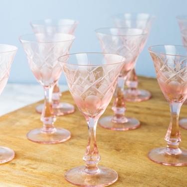 Vintage Pink Depression Etched Cordial Glassware - Set of 9