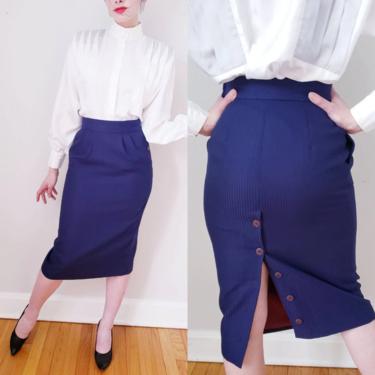 1950s Blue Pencil Skirt Back Button Closure / 50s Knee Length Office Skirt Dark Navy Blue High Waisted / S / Abra 