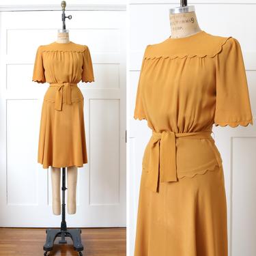 vintage 1930s dress • mustard yellow rayon crepe dress with ruffles & puff sleeves • collectors FOGA dress 