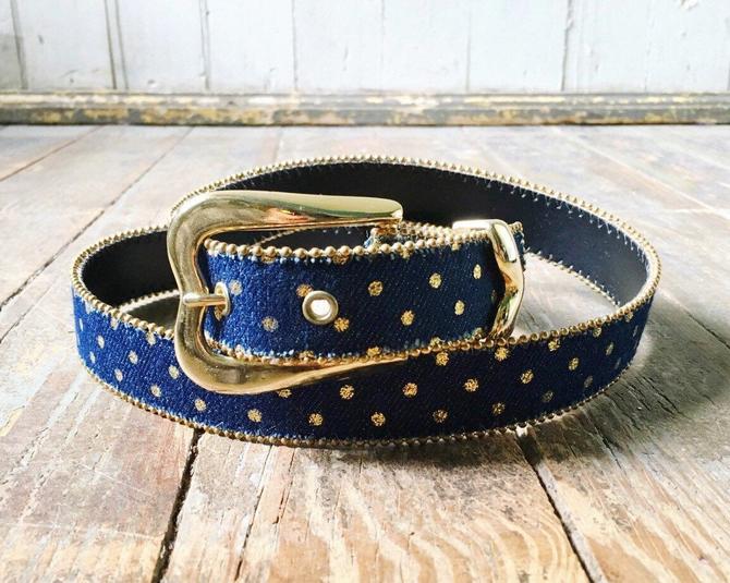 Vintage Dark Blue Denim Jean + Metallic Gold Glitter Polka Dot Metal Studded Lined Belt w/ Heart Buckle M/L 