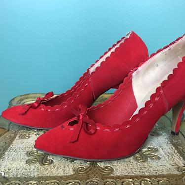 1950s suede shoes, vintage 50s heels, stilettos, lipstick red, size 6 1/2, mrs maisel style, pin up pumps, mr them, pointed toe, rockabilly 