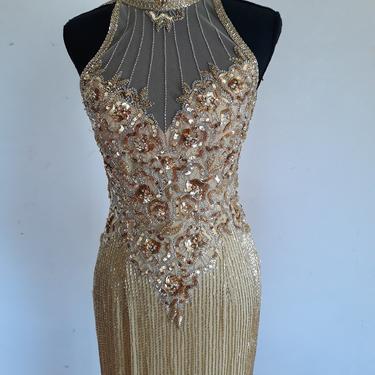 1980&#39;s Vintage GOLD sequin beaded dress, heavily embellished gold cocktail gown, flapper dress, gatsby dress, full length size small / s 4 6 