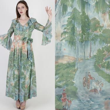 Colonial Landscape Dress, Old Fashioned Steamboat Print, Trumpet Bell Sleeves, French Toile Scene Maxi Dress 
