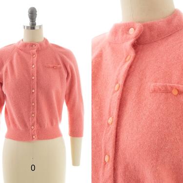Vintage 1950s Cardigan | 50s Knit Wool Angora Light Pink Soft Fuzzy Cropped Sweater Top (x-small/small) 