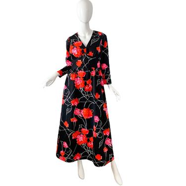 70s Hawaiian Dress Maxi / Vintage Psychedelic Kimono Dress / Hibiscus Floral Party Gown 
