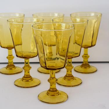 Vintage Golden Yellow Stemware. Set of 7 Amber Wafer Stemmed Wine Glasses. Vintage Glass  Paneled Goblets. 