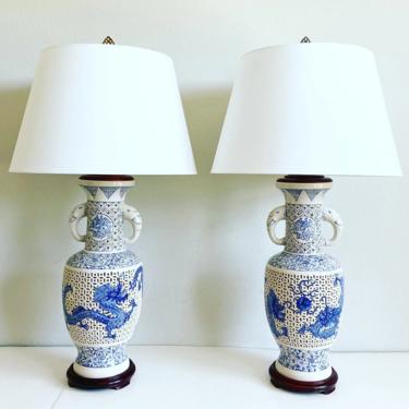1950s Colossal Blue White Dragon Lamps & Shades - a Pair 