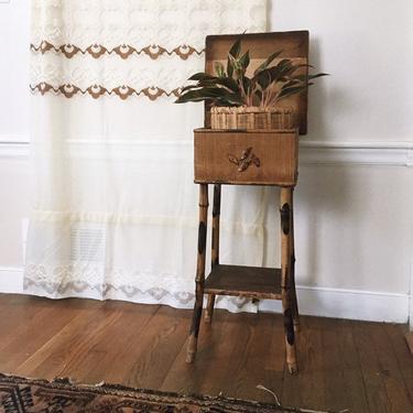 Antique scorched bamboo side table, bamboo end table, scorched bamboo sewing table, bamboo plant stand 