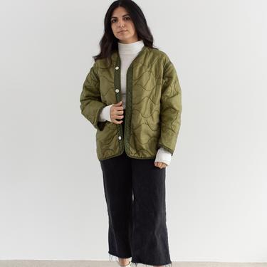 Vintage Green Liner Jacket | White Buttons | Unisex Wavy Quilted Nylon Coat | L | LI071 