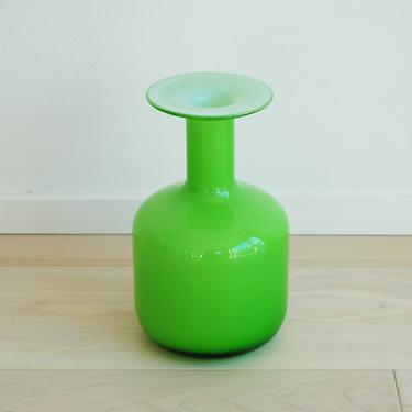 Mid Century Modern Lime Green and White Cased Art Glass Vase Mouth-Blown LSA International Made in Poland 