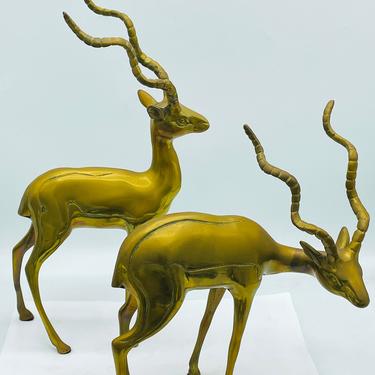 Vintage Pair of Large Cast Metal  Brass Deer Figurines- 13.5&quot;  and 10&quot; tall 