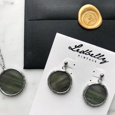 RESERVED: Olive Green Iridescent Stained Glass Jewelry Set | Stained Glass Necklace | Stained Glass Earrings | Vintage Style Jewelry Set 