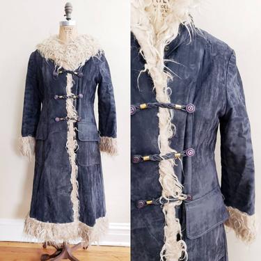 1970s Blue Suede Afghan Coat Button Down / 70s Winter Coat Parka Boho Penny Lane Shaggy Mongolian Wool Trim / M / Alyona 